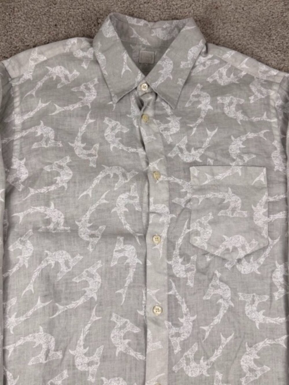 120% Lino Linen Shirt Grey White Shark Pattern Button Up Long Sleeve Men Size XL